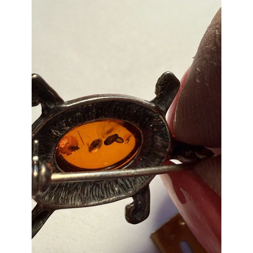 Amber Sterling Silver 925 TURTLE Brooch Pin